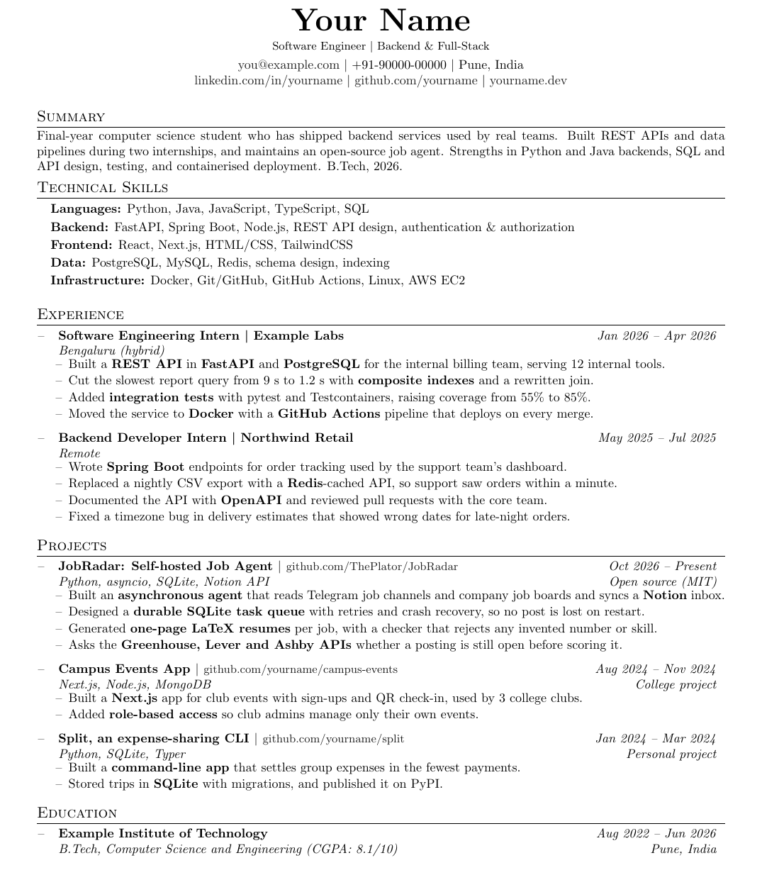 A full one-page example resume built by JobRadar: summary, skills, two internships, three projects and education